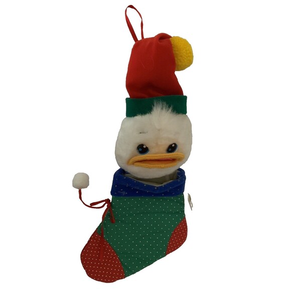 Vintage Christmas Stocking Duck Santa Hat Well Made Toy Happiness Aid 1980s - Picture 1 of 12